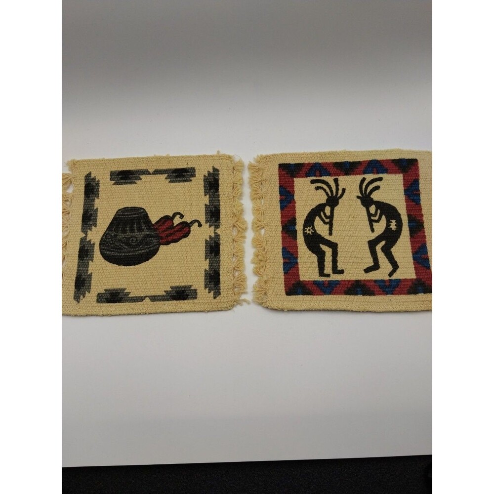 Handmade Fabric Native American Coasters Set of 2 Beige Black Red